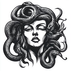 A monochrome woodcut-style vector illustration of Medusa with snakes intertwined in her hair, featuring bold, intricate linework and texture, designed as clip art on a clean white background. 
