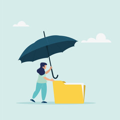  Insurance and protection of savings in times of economic crisis, investments in security. An investor covers a folder with an umbrella. Flat vector illustration