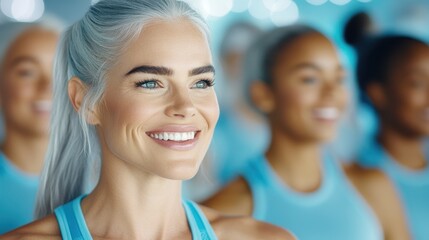 Fototapeta premium A smiling woman with silver hair in a ponytail surrounded by diverse women in a fitness class, radiating health and positivity.