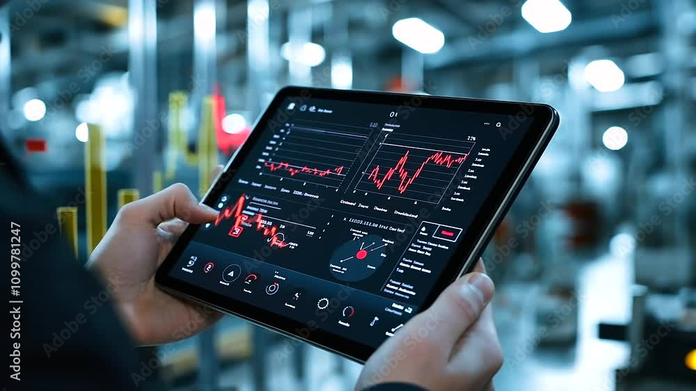 Aufkleber a tablet with a digital drilling dashboard is held by an operator near an oil field, showing pressur