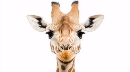 Obraz premium Giraffe face close-up with white background, Neutral tones highlighting intricate patterns, Wildlife portrait emphasizing elegance and nature