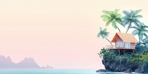 Obraz premium A tropical bungalow with a thatched roof perched on a cliff overlooking calm turquoise ocean waters, surrounded by palm trees and lush greenery.
