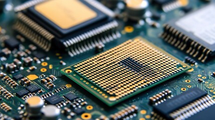  Background Featuring Close-Up Shots of CPU, Chips, and Semiconductors, Showcasing the Intricate Internal Structures and Functions of Technology Products. This Cyberpunk-Style 3D Rendering Boasts a Cl