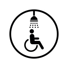 Vector Disabled Shower Room Flat Icon in Black Line Circle. Handicapped or Accessibility Sign. Man in a Wheelchair in Accessible Shower Room Pictogram on White Background.	