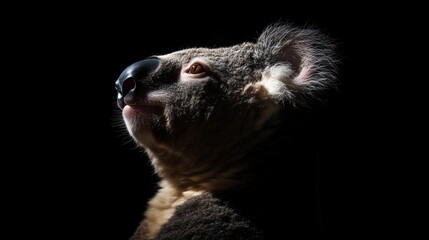 Koala side profile with dramatic lighting, Dark background highlighting fur details, Capturing a bold and expressive wildlife moment