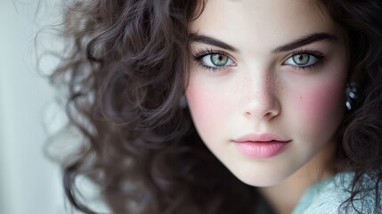Naklejka premium Close-up portrait of a woman with curly auburn hair and bright blue eyes, radiating natural beauty and warmth.