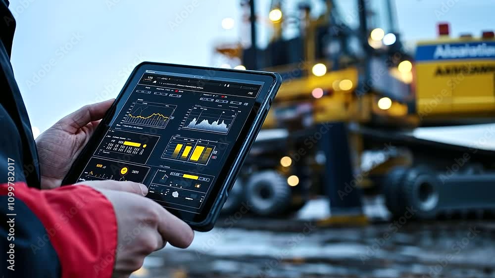 Poster a close-up of a tablet displays real-time metrics for drill performance, held by an operator who sta