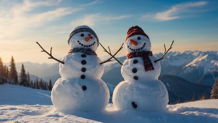 Obraz premium Beautiful Funny Snowmen made of Snow