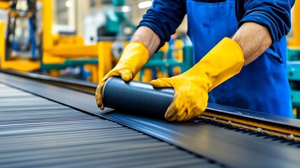 Worker Applying Industrial Glue to Conveyor Belt in Machinery-Powered Manufacturing Plant