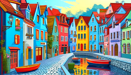 Fototapeta premium Colorful houses line a picturesque canal in a vibrant waterfront village