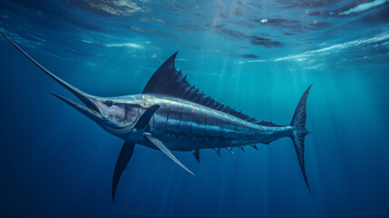 A detailed shot of a swordfish swimming majestically in open water, stock photo