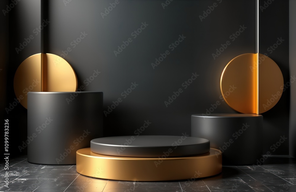 Poster luxury presentation podiums in black, gold colors create stylish display scene. empty round platform