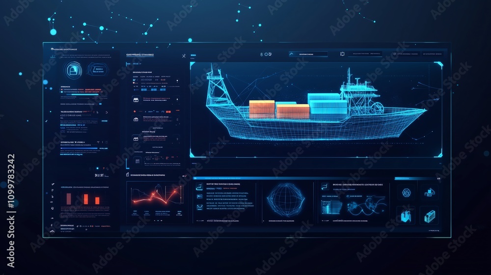 Poster abstract multimodal logistics software interface with dark blue background, low-poly wireframe eleme