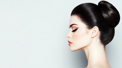 Obraz premium A stylish woman with sleek dark hair in a formal bun, glowing skin, and dramatic makeup against a white background, exuding confidence.
