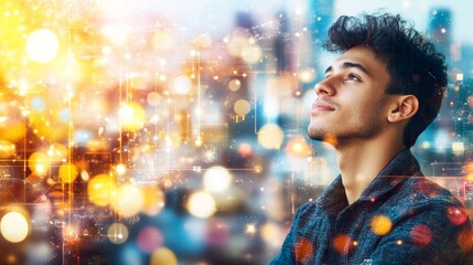 Naklejka premium Young Man Dreaming of Future Technology City Lights Innovation
