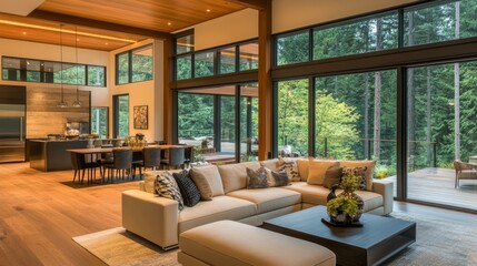 Modern open-concept living room with a cream sofa, chic decor, and a full-length forest view framed by floor-to-ceiling windows and natural wooden flooring