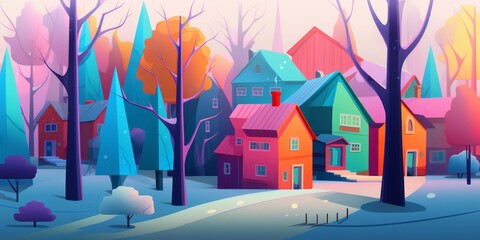 Obraz premium This illustration portrays a charming village with colorful houses nestled among vibrant trees during twilight.