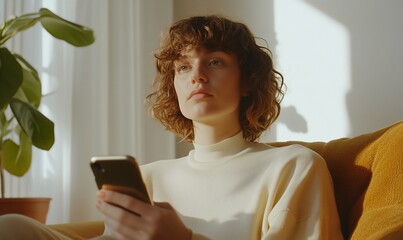 Over-the-shoulder view of a woman with smartphone