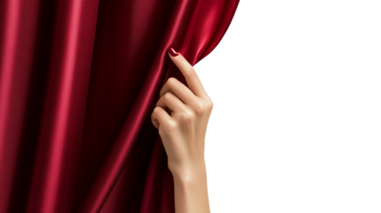 Woman hand open red stage curtain isolated on transparent background
