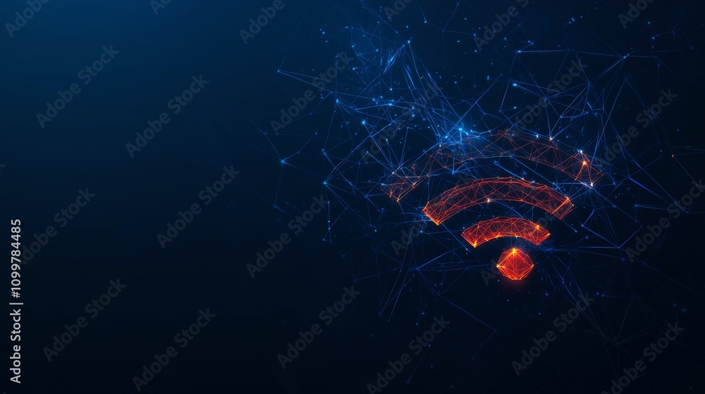Poster abstract wireless signal logo in low poly wireframe with glowing particles on dark blue background, 