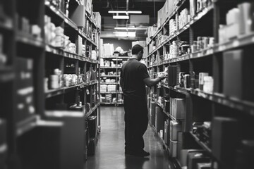 Office Worker Reviewing Products in Warehouse Setting