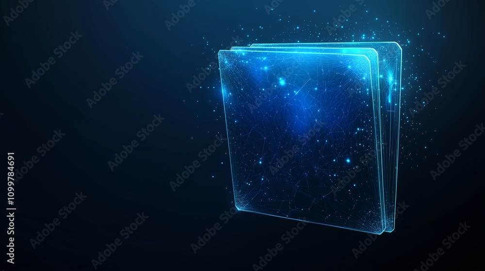 Poster abstract folder icon in low poly wireframe with dark blue background, accentuated by glowing particl