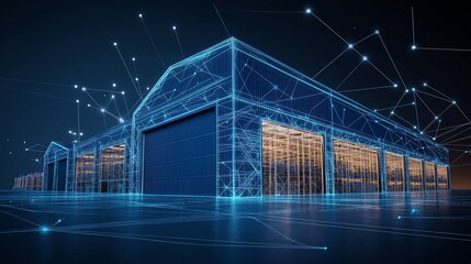Obraz premium Efficient Port Warehousing Illustration with Low Poly Wireframe, Highlighting Storage and Logistics on Dark Blue Background with Glowing Particles for a Futuristic Look.