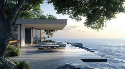 Fototapeta premium Modern cliffside house with ocean view; serene patio furniture overlooking the sea. Ideal for luxury real estate, travel, and architecture websites.