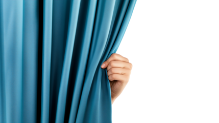 Hand opening blue stage curtain isolated on transparent background