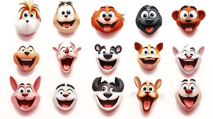 Obraz premium A collection of cheerful cartoon animal faces, each with unique expressions, drawn on a white background for playful designs 