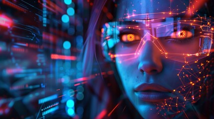 Naklejka premium Woman artificial intelligence. Human interaction with artificial intelligence. Digital face of a woman. Augmented reality.