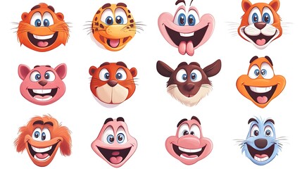 Fototapeta premium A collection of cheerful cartoon animal faces, each with unique expressions, drawn on a white background for playful designs 