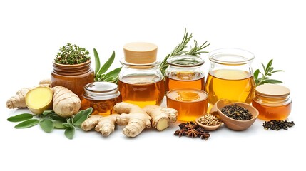 A collection of natural ingredients like honey, ginger, and herbal tea neatly arranged on a white table, highlighting remedies for colds 