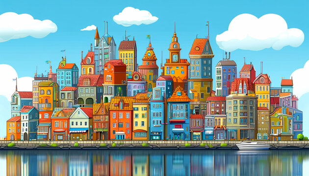 Vibrant waterfront cityscape showcasing colorful buildings under a bright blue sky