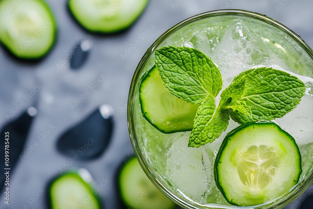 Poster refreshing cucumber drink with mint and ice on a gray background