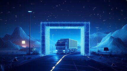 Abstract cargo truck crossing a digital border checkpoint, glowing customs gate surrounded by geometric landscapes, dark blue theme.
