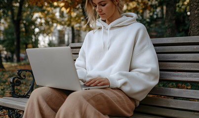 Woman working on laptop in autumn park