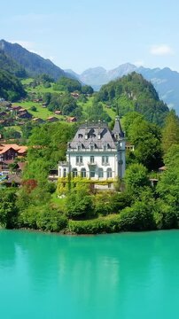 Seeburg Castle and Iseltwald village Switzerland's countryside on aerial view, vertical video.