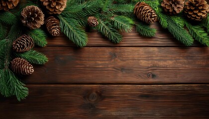 a rustic wooden background adorned with pine cones and greenery creating a natural festive atmosphere perfect for seasonal decor