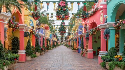 Fototapeta premium Festive City Streets Adorned with Christmas and New Year Decorations.Concept of Festive,holiday cheer,winter wonderland,family traditions,community spirit,Retail,tourism, event planning,real estate.
