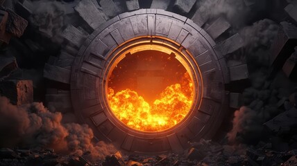 Glowing vault door in front of a collapsing economy, representing financial stability and protection during crises,