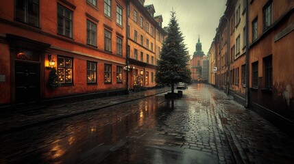 Naklejka premium Festive City Streets Adorned with Christmas and New Year Decorations.Concept of Festive,holiday cheer,winter wonderland,family traditions,community spirit,Retail,tourism, event planning,real estate.