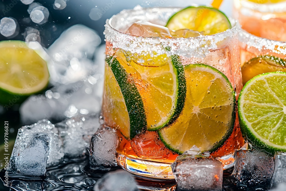 Poster refreshing citrus cocktails with ice and lime slices on display