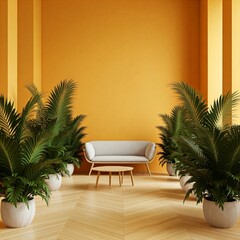 Fototapeta premium Modern interior with orange and tropical walls