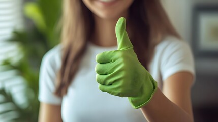 Close-up photo of a woman wearing green cleaning gloves giving a thumbs-up, with a blurry background featuring white furniture in the foreground