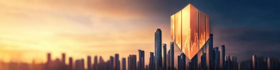 Fototapeta premium Golden shield floating above a city skyline, deflecting collapsing stock market charts, financial security and protection,
