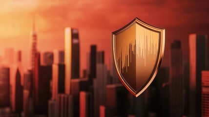 Golden shield floating above a city skyline, deflecting collapsing stock market charts, financial security and protection,