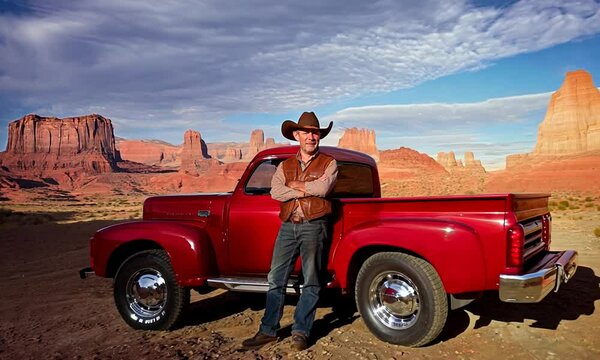 Cowboy standing by a red vintage pickup truck in a desert.