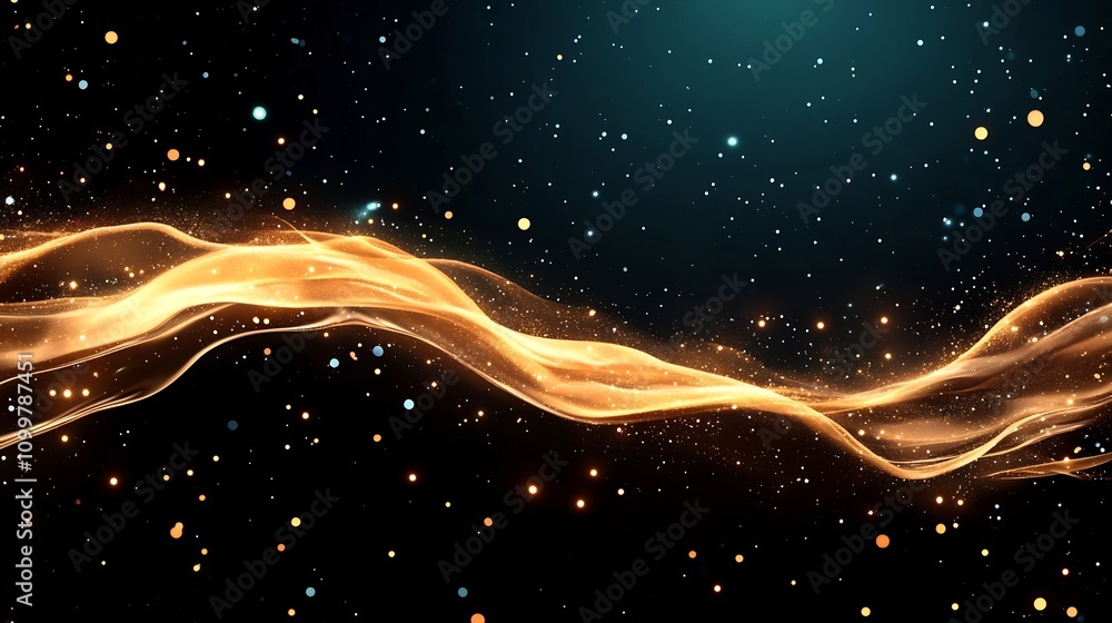 Poster glowing abstract particles forming a flowing wave in a dark cosmic backdrop