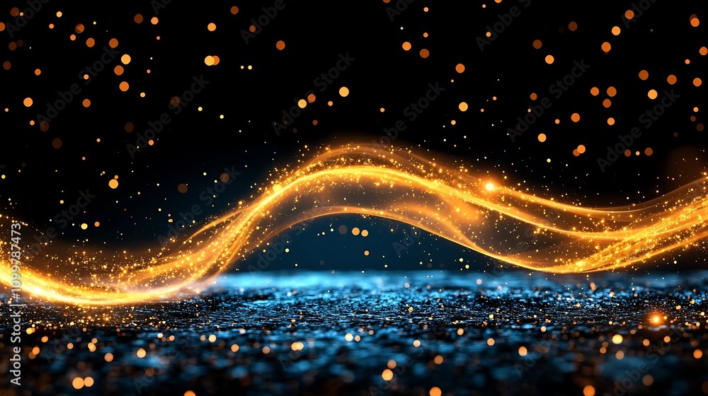 Poster glowing abstract particles forming a flowing wave in cosmic space